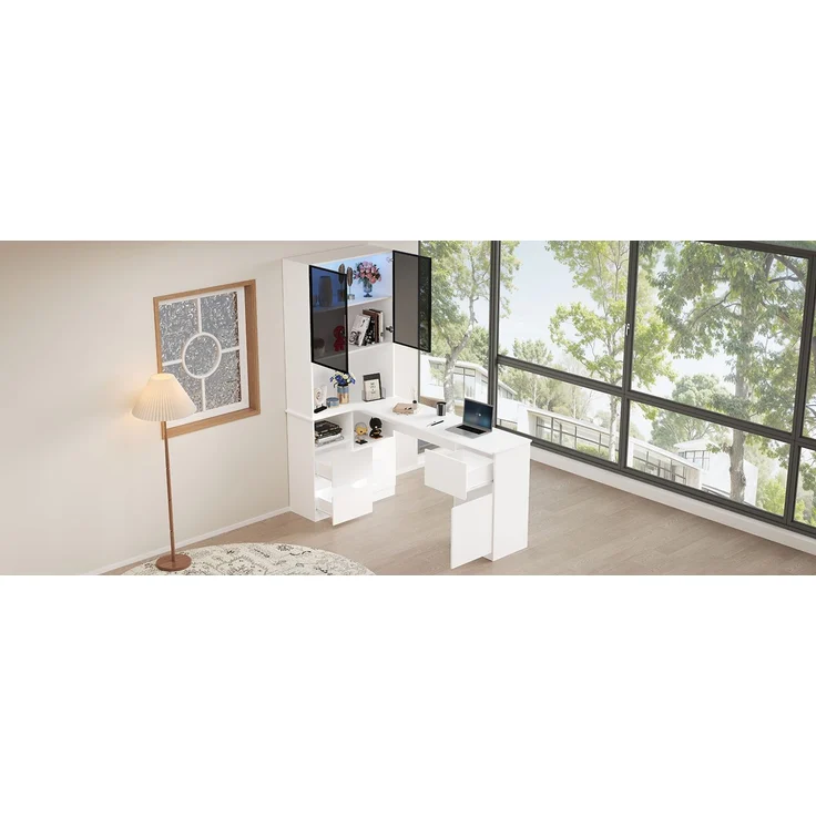 Eckschreibtisch mit Regal und LED-Vitrinenschrank 120×80×180 cm – Schreibtisch mit Kabeldurchlass, 3 Schubladen, 2 Türen, offenen Fächern & Haustierfach,Ein Eckschreibtisch mit eingebautem Bücherregal – Bild 10