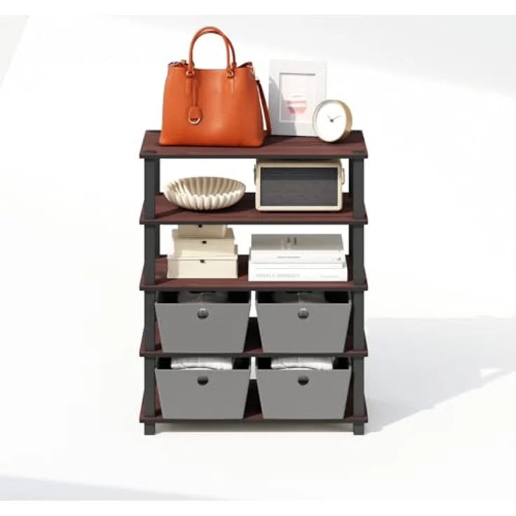 Furinno Turn-S-Tube Aufbewahrungsregale Set von 2, 3-stufiges stapelbares Standregal, offenes Eckregal, für Organisation und Aufbewahrung, Wohnzimmer, Garage, Home Office, Dunkle Kirsche – Bild 6