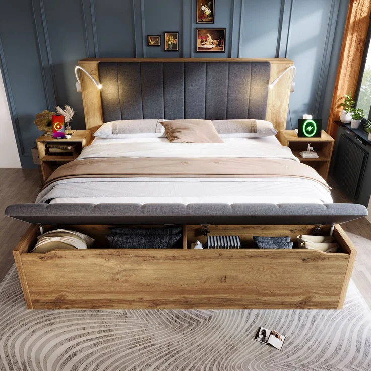 Rayofly-Doppelbett H 200cm x T 160cm x B 200cm, Holzbett mit klappbarem Kopfteil aus Leinenstoff, Stauraum, 2 Nachttische, Bettbank mit Stauraum, Leselampen mit USB, Lattenrost, Eiche, mit Matratze – Bild 10