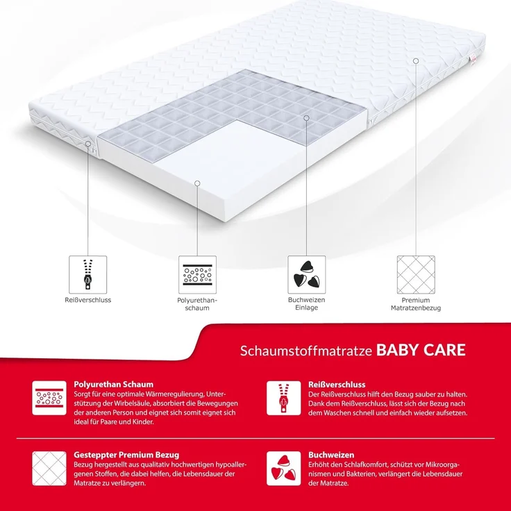 Kindermatratze BABY CARE Matratze 80x180 90x180 90x190 90x200 cm & weitere Größen, FDM, 9 cm hoch, (Babymatratze, waschbarer Bezug), Wendematratze mit zwei unterschiedlich festen Liegeseiten – Bild 3