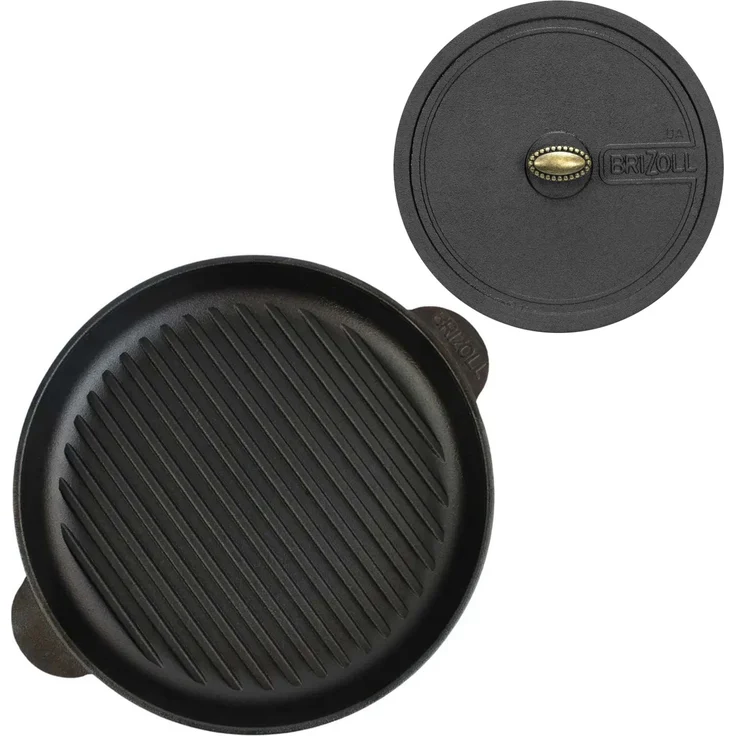 Ø30cm Grillpfanne aus Gusseisen Bräter mit Pressdeckel Schmortopf zwei Griffe Servierpfanne Grill – Bild 2