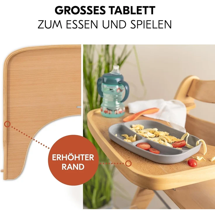 Hauck Hochstuhl Set Alpha Plus Move inkl. Essbrett, Sitzkissen und 2x Babyteller Silikon - mitwachsender Holz Babystuhl / Kinderhochstuhl mit Rollen, Gurt und Tisch - Natur Beige – Bild 7
