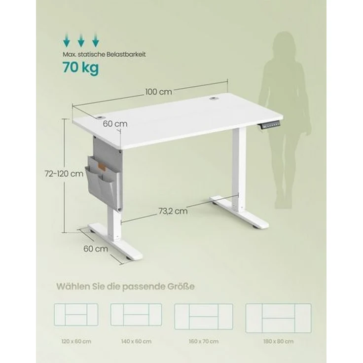 SONGMICS Höhenverstellbarer Schreibtisch elektrisch, 100 x 60 cm, Memory-Funktion mit 4 Höhen, USB-C-Anschluss, wolkenweiß – Bild 5