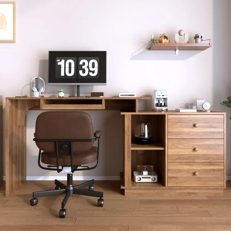 Moderner ausziehbarer Multifunktions-Computertisch mit ausziehbarer Platte, Tastaturauszug, offenen Fächern & Staurschrank mit 3 Schubladen, Schreibtisch für Heimstudium & Heimoffice--Nussbaum--76x40x75.5cm--YOUDENOVA – Bild 2