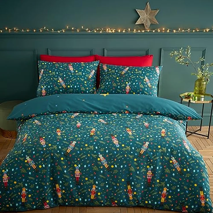 Catherine Lansfield Weihnachtliches Nussknacker-Bettwäsche-Set mit Kissenbezügen, wendbar, Grün – Bild 3