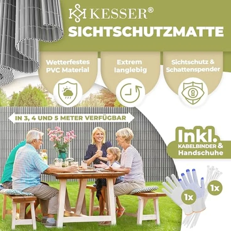 KESSER® PVC Sichtschutzmatte Sichtschutzzaun Balkonverkleidung Windschutz verstärkte Lamellen für Garten Balkon & Terrasse Balkonumrandung inkl Kabelbindern, Abdeckung & Handschuhe Hellgrau, 90 x 500 cm – Bild 2