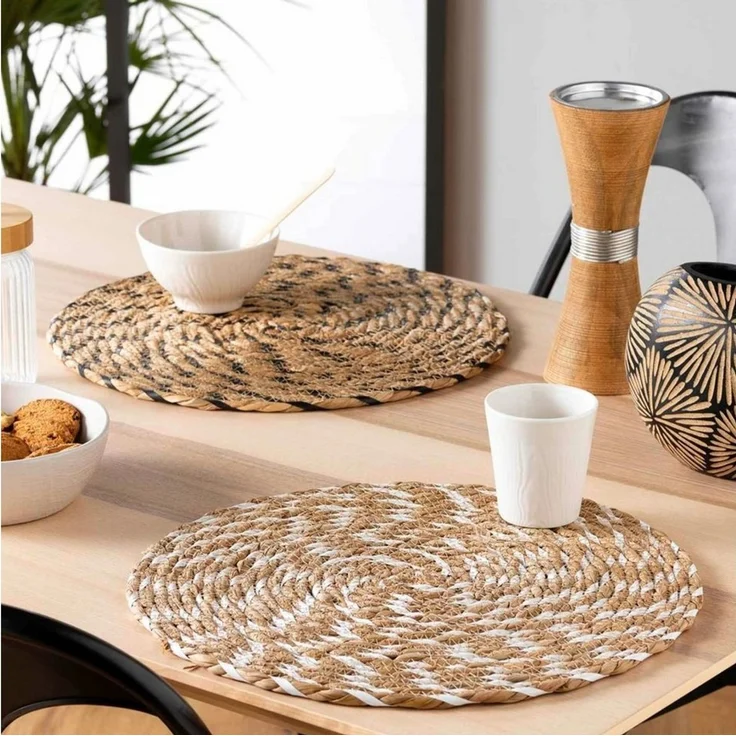 Macosa Home Platzset 2 STK. Stroh rund Braun Schwarz Weiß Platzmatten modern, Boho Tischset Tisch-Untersetzer Teller-Unterlage – Bild 4