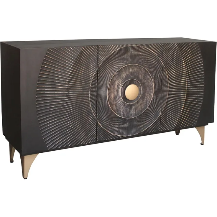 riess-ambiente Sideboard GOLDEN SUNSET 140cm schwarz / gold - 3D Schnitzereien, Mangoholz (Einzelartikel, 1 St), handgefertigte Kommode mit Metallbeinen - ideal für Wohnzimmer & Flur