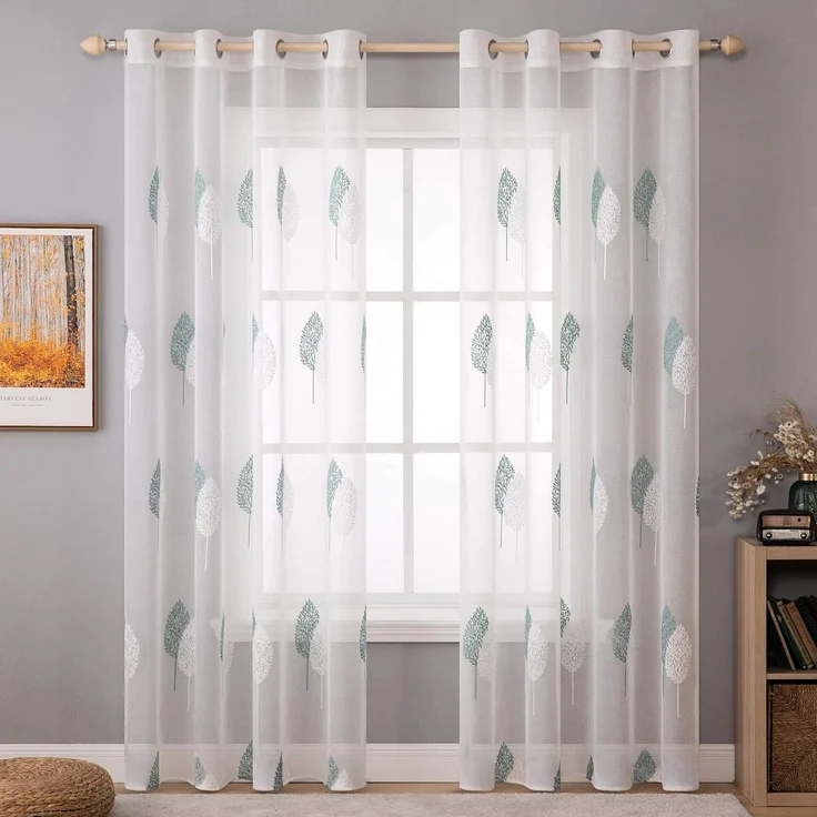 MIULEE Gardinen mit Türkis und Weiss Blätter Muster 2er Set 140x260cm | Modern Stickerei Wohnzimmer Vorhänge Transparent mit ösen für Schlafzimmer Deko, Schöne Blätter Muster Vorhang Fenster
