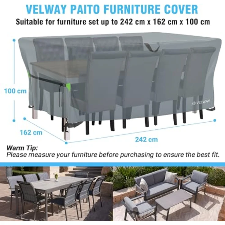 Velway Abdeckung für Gartenmöbel Wasserdicht - 242 x 162 x 100 cm Rechteckig Schutzhülle Winddicht Loungemöbel Abdeckung Abdeckhauben für Gartentische Sitzgruppe Terrassenmöbel Grau – Bild 3
