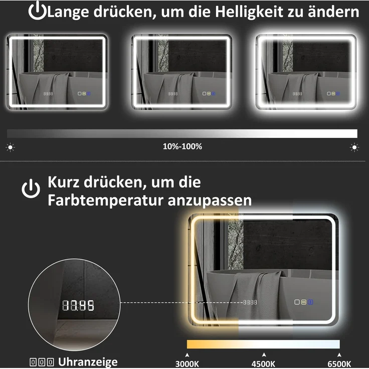 HOMCOM Badezimmerspiegel, Gehärtetes Glas, Silber, 90L x 70B x 3,5H cm – Bild 6