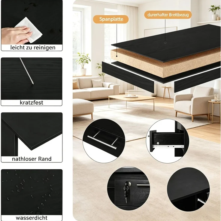 Schreibtisch aus Holz mit 3 Schubladen, 120x60x75 cm, Schwarz – Bild 7