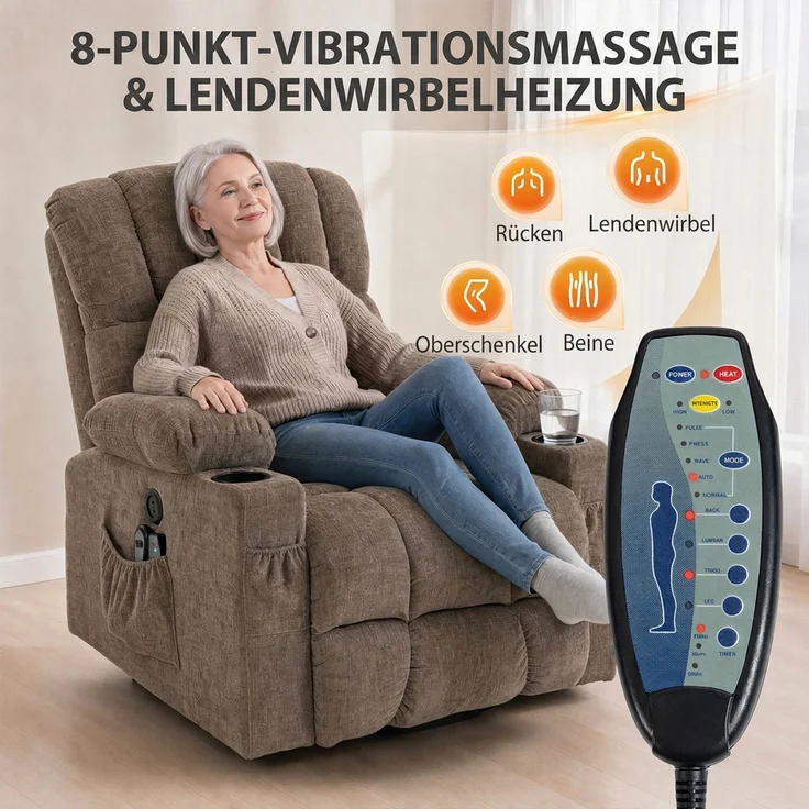 MELAYR, Fernsehsessel mit Aufstehhilfe, Elektrischer Relaxsessel mit Massage & Wärme, 93 x 91 x 110 cm, Braun – Bild 6