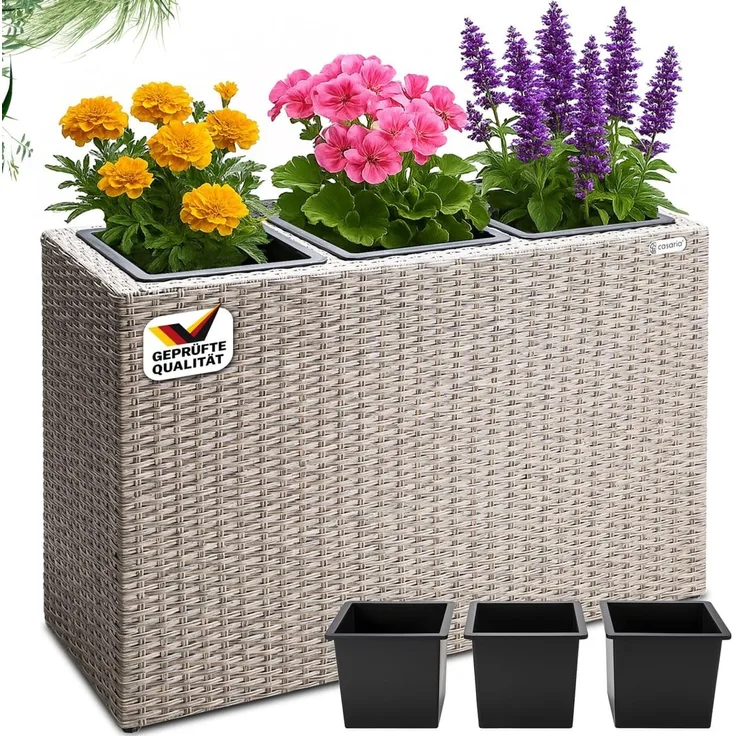 Casaria Pflanzkübel, 3 Innentöpfe Herausnehmbar Polyrattan 83x30,5x60cm Blumentopf Creme