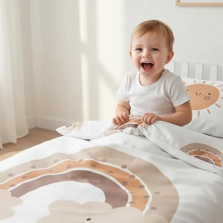 MTOnlinehandel Babybettwäsche Little Sunrise Biber/ Flanell in 100x135 + 40x60 cm, Boho, 100% Baumwolle, 2 teilig, Winterbettwäsche kuschelig und weich, Regenbögen und Sonne, weiß – Bild 3