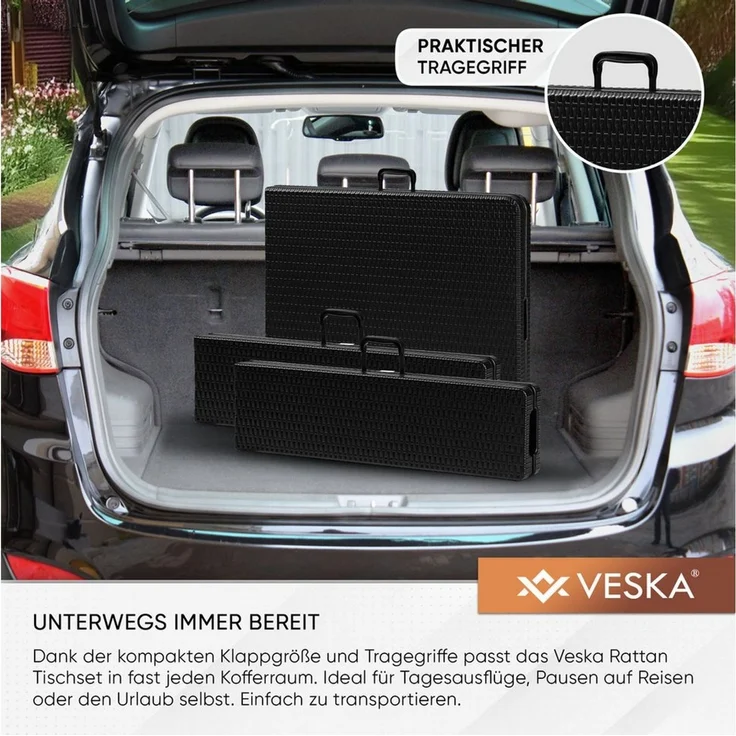 VESKA Bierzeltgarnitur 3-teilig Set Tisch + 2x Bank, wetterfest für drinnen und draußen, (klappbar mit Tragegriffen, Kunststoff, Gartengarnitur, Klapptisch), Gartentisch Länge 180 cm Rattan-Optik Schwarz – Bild 3