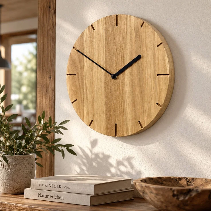 Natuhr Wanduhr W8002 Solide Quarzwanduhr aus Massivholz Eiche – Eiche natur – 30 × 30 × 4 cm – Bild 4