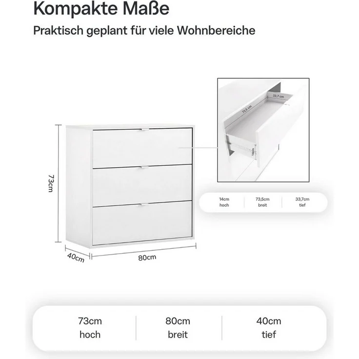 mokebo Sideboard Die Stilvolle (80x73x40cm, mit 3 Schubladen), Made in Germany, Nachttisch, Highboard, Anrichte, Sideboard in Weiß – Bild 4