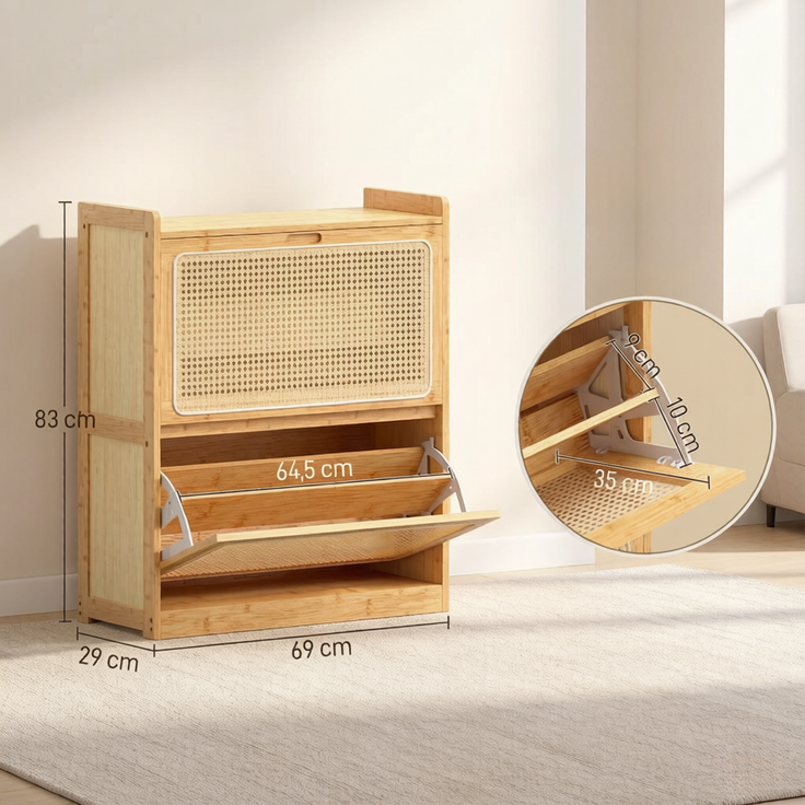 ZUBALIYA Schuhschrank (69 x 29 x 83 cm), Verstellbare Einlegeböden, Herausnehmbare Einlegeböden, Aus Bambus, Naturfarben – Bild 8