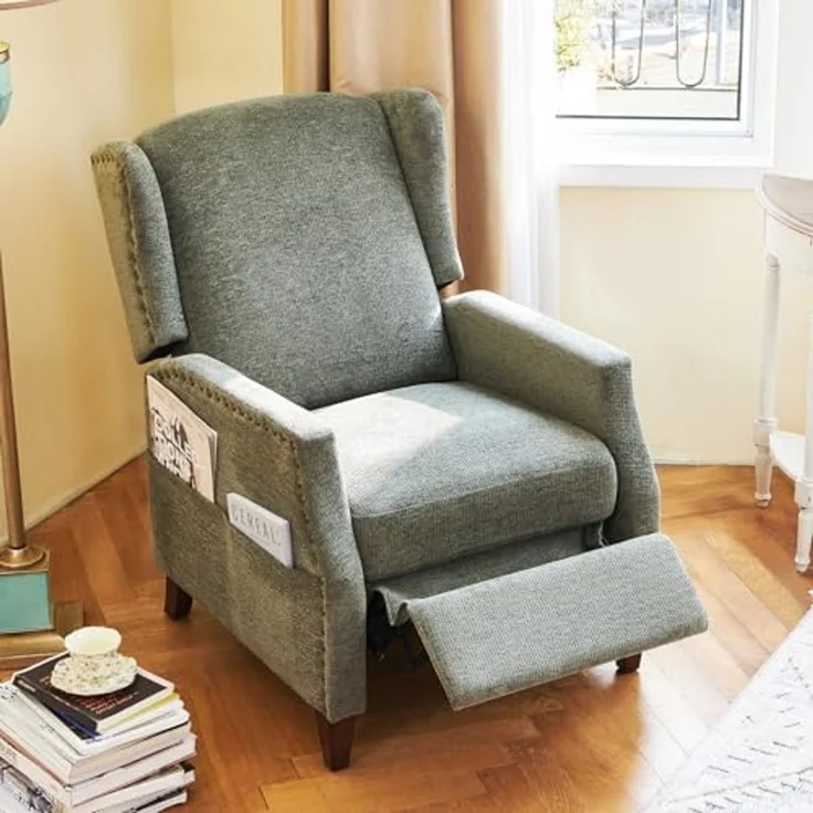 COLAMY Wingback Sessel mit Pushback-Funktion, Moderner Bezugsstoff Sessel fürs Wohnzimmer mit Seitentasche und Nagelkopf-Akzenten, Grün – Bild 3