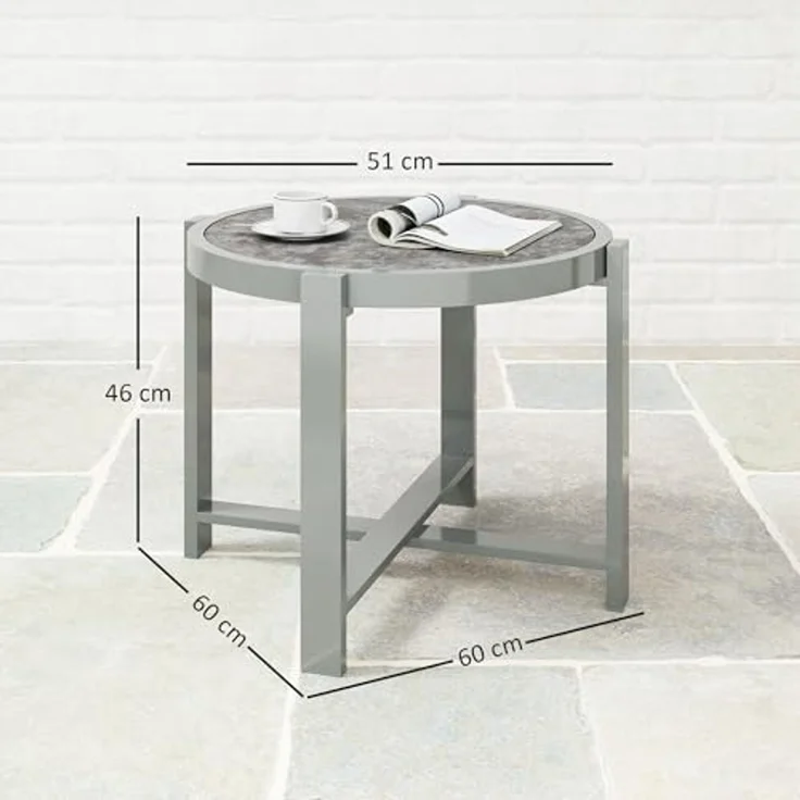 Outsunny Gartentisch mit Marmoroptik (rund Beistelltisch, 1-St, wetterfest Balkontisch aus Aluminium), für Wohnzimmer Büro Outdoor Indoor Grau – Bild 3