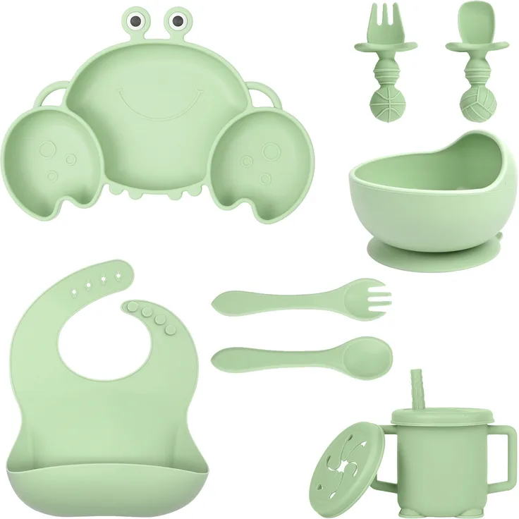 ABC Silikon-Babygeschirr-Set mit Saugnäpfen, 8-teiliges Set, Kinder-Essgeschirr-Set, beinhaltet rutschfeste Teller, Schüsseln, Becher, Löffel und Gabeln, BPA-frei (grün)