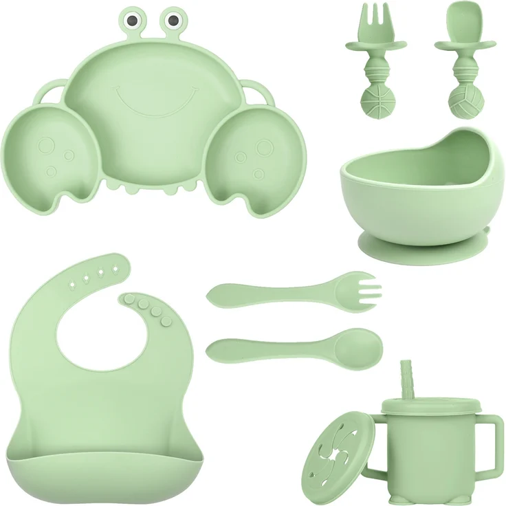 ABC Silikon-Babygeschirr-Set mit Saugnäpfen, 8-teiliges Set, Kinder-Essgeschirr-Set, beinhaltet rutschfeste Teller, Schüsseln, Becher, Löffel und Gabeln, BPA-frei (grün) – Bild 1