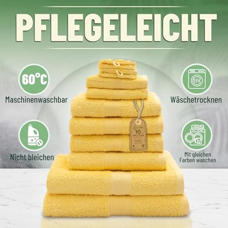 GREEN MARK Textilien 10 TLG. FROTTIER Handtuch-Set mit verschiedenen Größen 4X Handtücher, 2X Duschtücher, 2X Gästetücher, 2X Waschhandschuhe | Farbe: Gelb | Premium Qualität – Bild 9