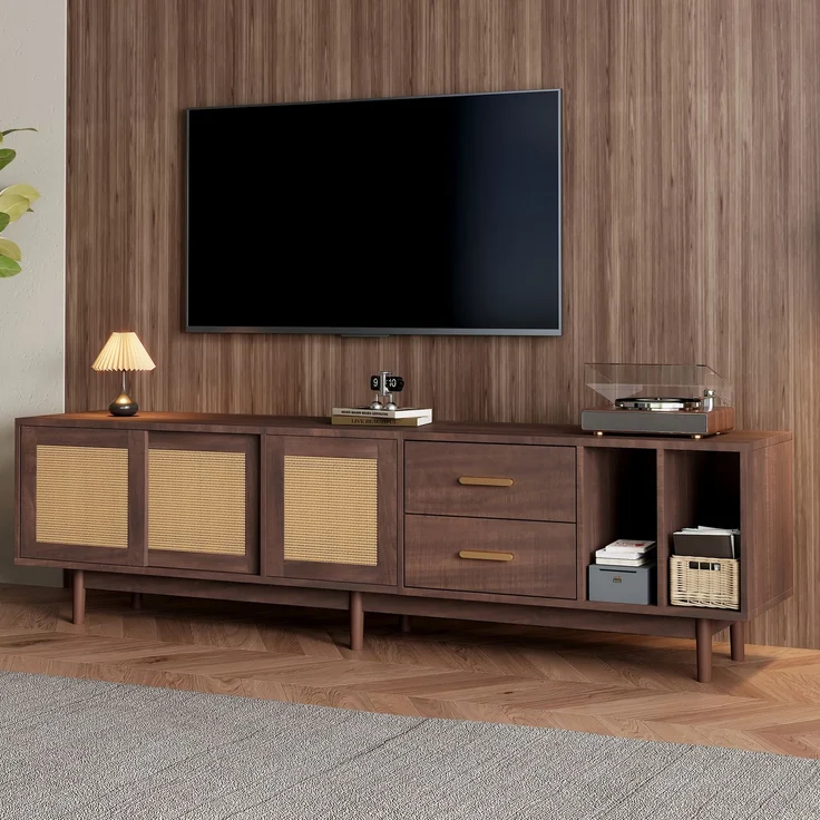 TV Schrank Lowboard 190x40 cm Braun Spanplatte Rattan Türen 3 Türen 2 Schubladen halboffen Wohnzimmer Board – Bild 3