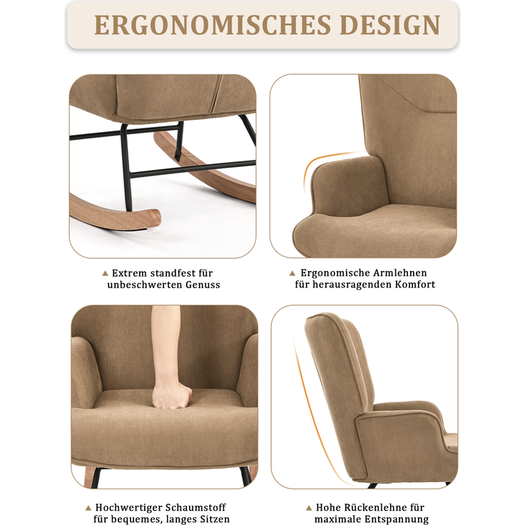 GOEURVANT 5006 Schaukelstuhl mit Hocker (Relaxsessel, Ohrensessel), Feincord - Camel – Bild 9