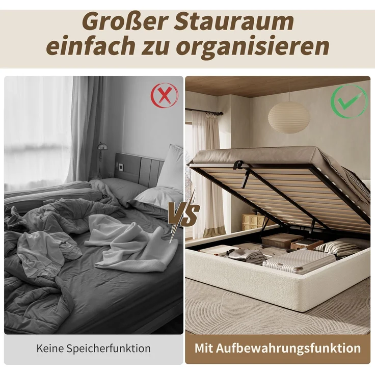 Polsterbett,Doppelbett,180 x 200cm, hydraulisches Funktionsbett,Bett mit Lattenrost, Kopfteil und großem Stauraum, gepolstertes Kopfteil, Beige Bouclé – Bild 6