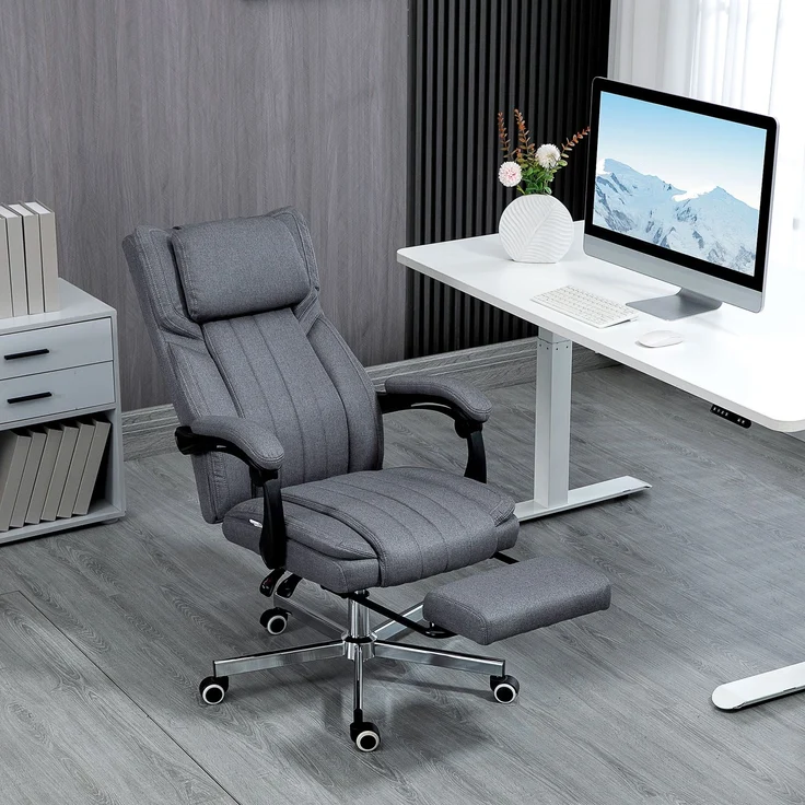 MELAYR, Bürostuhl mit Massagefunktion, neigbare Rücklehne, ausziehbare Fußstütze, Leinenoptik, grau, 65 x 61 x 118 cm – Bild 3