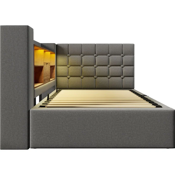 Polsterbett 90x200 cm Einzelbett mit LED-Beleuchtung, hydraulischem Stauraum, L-förmigem Kopfteil mit Stauraum, beidseitig montierbar, Grau – Bild 10