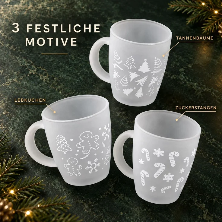 12x Weihnachts-Glastasse Frosted, ca. 300 ml, Weihnachtstasse mit verschiedenen festlichen Motiven, Weihnachtsbecher – Bild 4