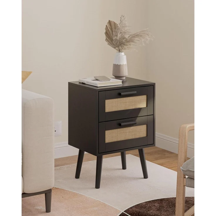 Rattan Nachttisch mit Schublade Beistelltisch Holzbeine Schlafzimmer Wohnzimmer – Bild 6