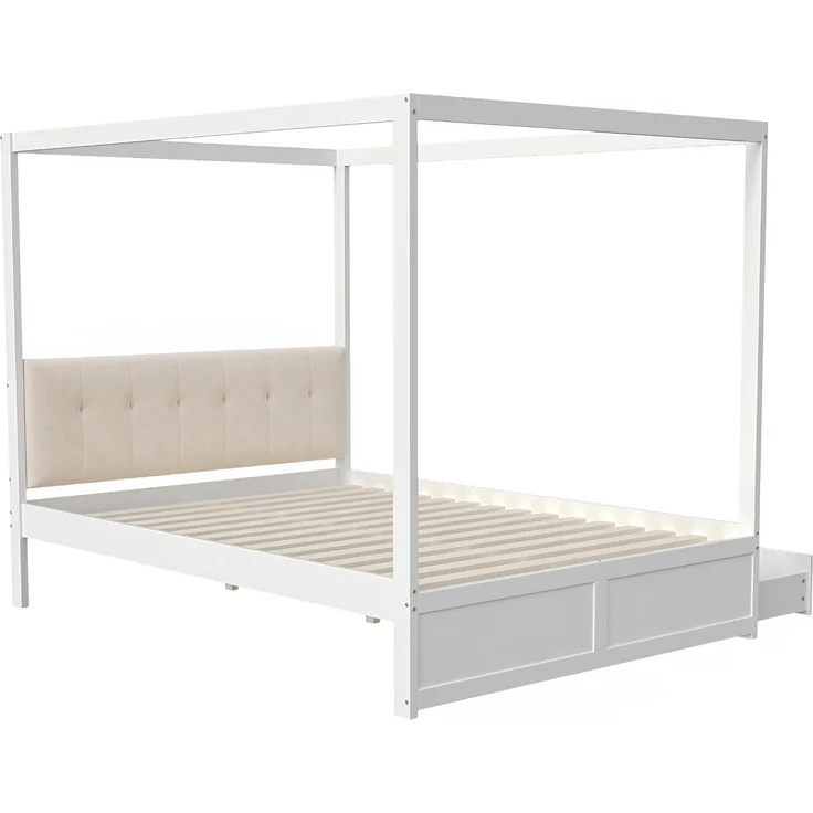Zeltbett 140×200 cm mit gepolsterter Rückenlehne und 2 Schubladen –Weiß,Holz/Metall – Bild 5