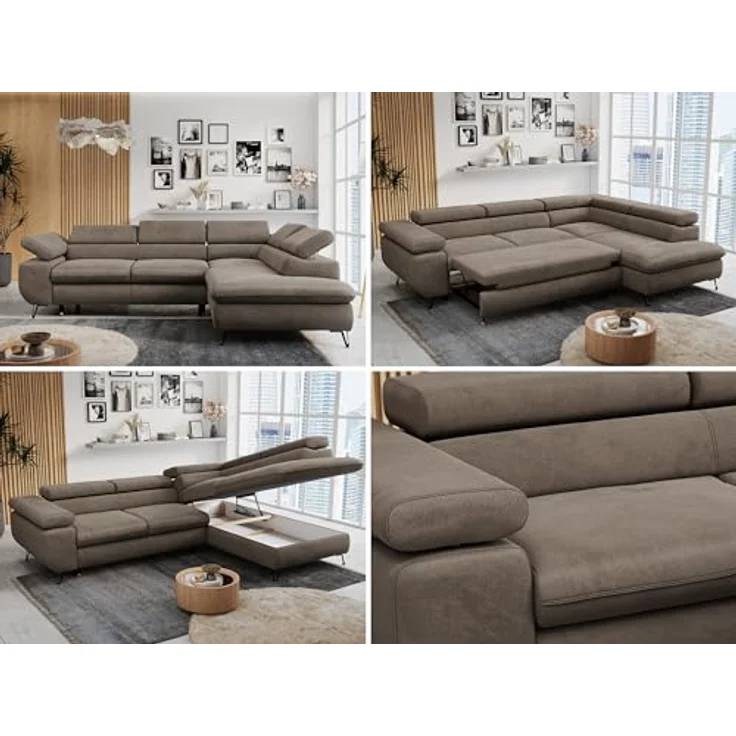 Mks Möbel 'Peter L-form' Ecksofa mit Bettfunktion, Bettkasten & einstellbaren Kopfstützen, Braun, Velours, rechts – Bild 2