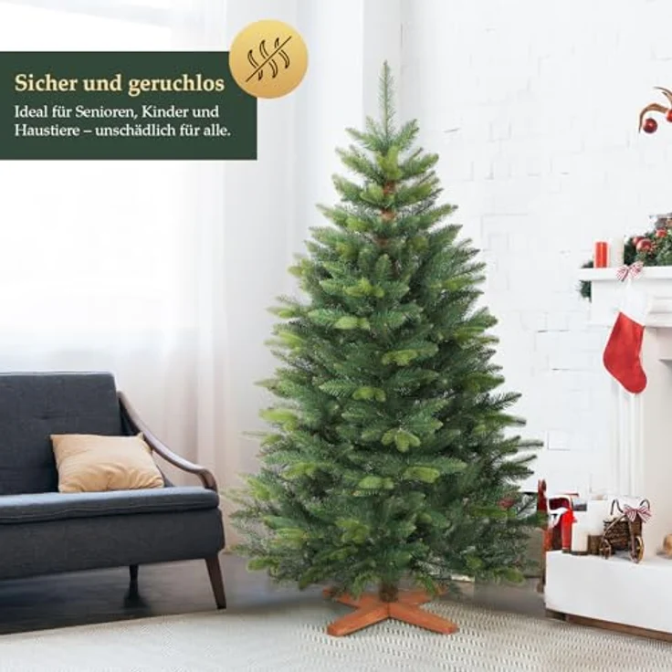 SALCAR 180cm Künstlicher Weihnachtsbaum Premium, Nordmanntanne mit Holzständer, Realistische PE+PVC Tannenbaum, Einfacher Aufbau für Ihre Weihnachtsdekoration – Bild 3