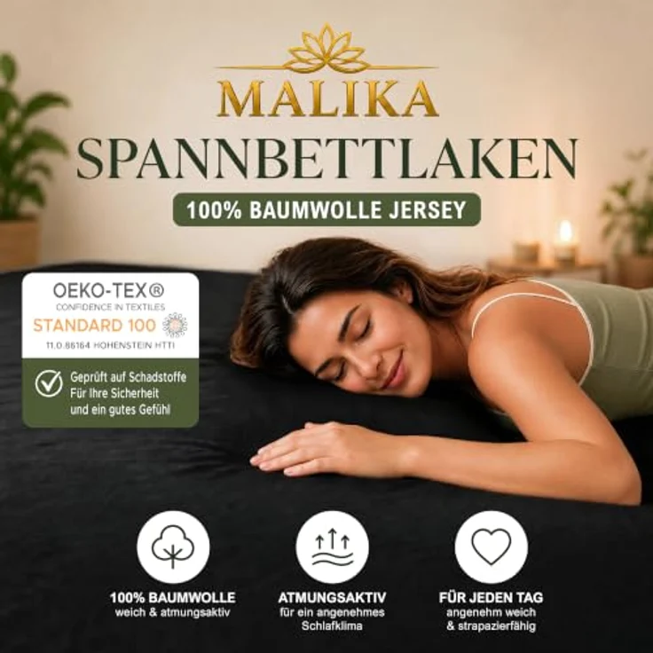 MALIKA® Spannbettlaken 120x200cm Baumwolle Jersey, Matratzenhöhe bis 28 cm, Oeko-Tex zertifiziert, faltenfreies Liegen – Bild 2