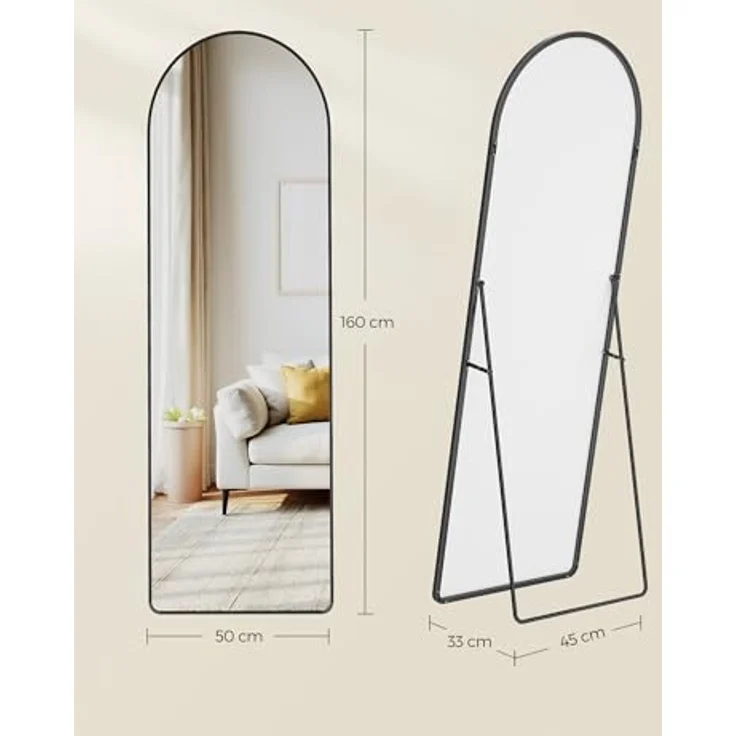 SONGMICS Ganzkörperspiegel, 160x50 cm, gewölbter Standspiegel, Rahmen aus Aluminiumlegierung, Hartglas, abgerundete Ecke, für Schlafzimmer, Wohnzimmer, Garderobe, tintenschwarz LFM051BD01 – Bild 6