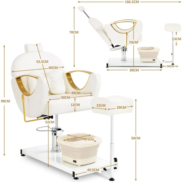 BarberPub Pediküre Stuhl mit Fußbadewanne & Pediküre Hocker, Friseurstuhl mit Goldlackierten Armlehnen, Höhenverstellbar & Kippbar, Fußpflegestuhl für Nagelstudio F0325 (Gold-Weiß) – Bild 3