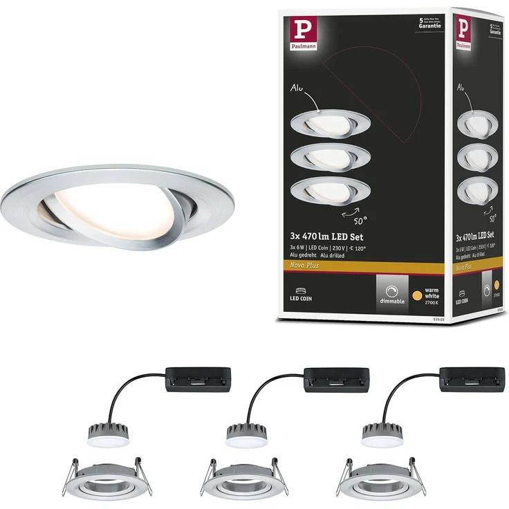 Paulmann 93903 Einbauleuchte LED Coin Slim IP23 rund Alu 3er-Set dimmbar und schwenkbar – Bild 1
