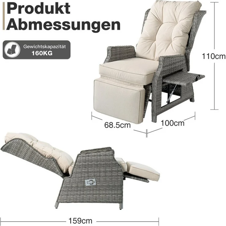 HOMECALL Rattanstuhl Gartensessel Indoor Verstellbar Liegestuhl Gartenliege balkonliege (Wetterfester Rahmen, klappbarem Beistelltisch und Fußstütze, 2 St), COMLAX FIELD – Bild 3