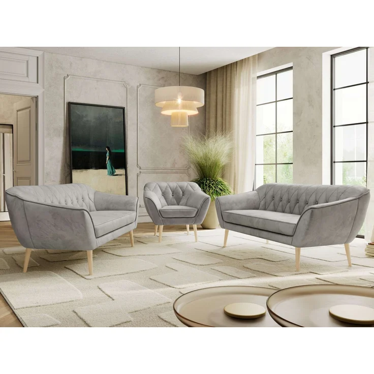 Wohnzimmerset, Möbelset PIRS 3-3-1, Armlehnen, Wellenfederung, Buche Füße, Dreisitzer Sofas mit Sessel, Polstermöbel Set - Hellgrau Velvet – Bild 1