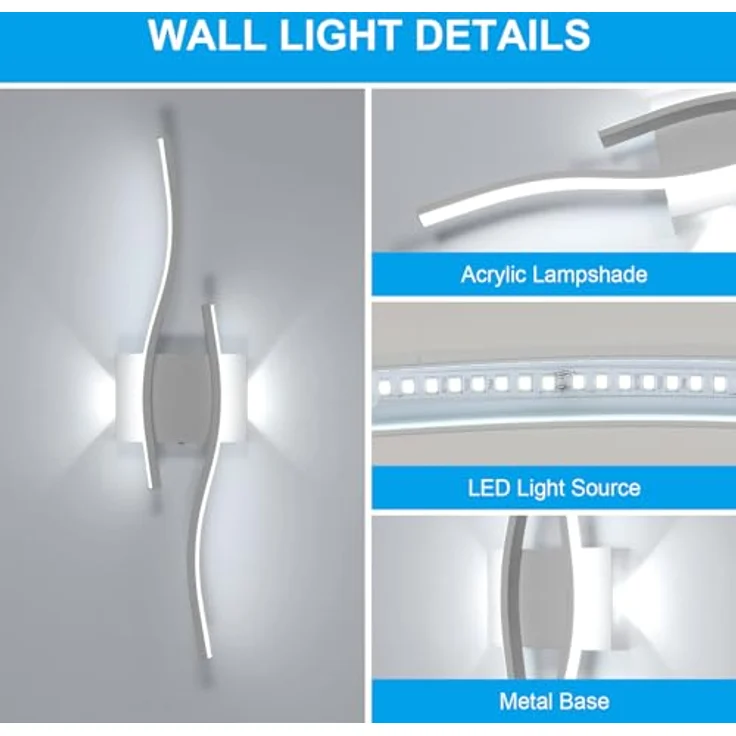 Goeco LED Wandleuchte Innen, 20W 59 cm Lange Wandlampe mit 2 Fimmige aus Acryl 6500K Kaltweißes Licht, Modern Gebogenen LED Wandbeleuchtung für Flur Wohnzimmer Schlafzimmer, Weiß – Bild 5