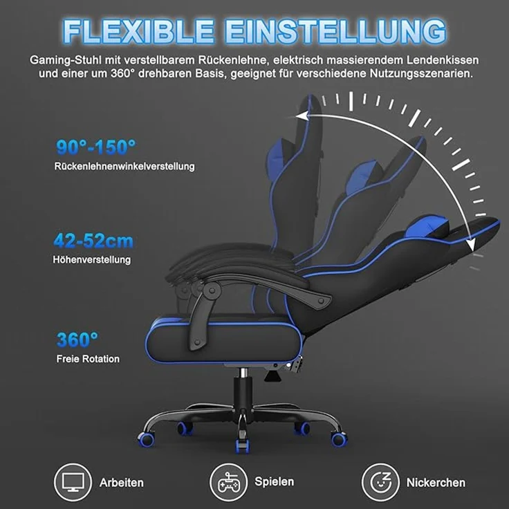 Devoko Gaming Stuhl mit Massagefunktion, Bürostuhl Ergonomisch mit Verstellbarer Ruckenlehne (90-135), Schreibtischstuhl mit Bewegliche Armlehne, max 150kg, Blau – Bild 5