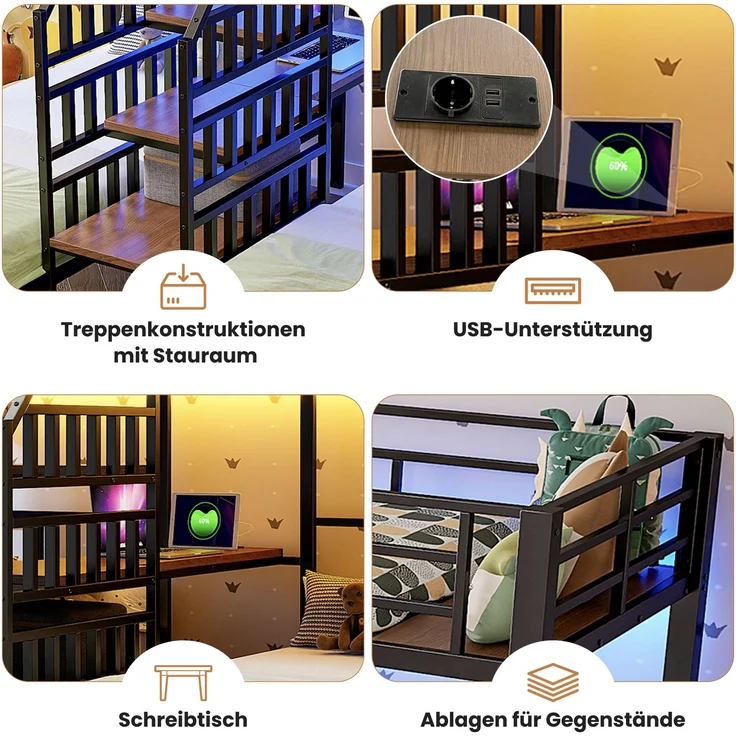 EINHOM Etagenbett, 90 x 200 cm, 3 Betten, mit LED-Lichtleiste, Integrierter Leiter mit Stauraum, mit 2 USB-Anschlüssen + 1 Steckdose, mit Schreibtisch, mit Regal, Schwarz (Ohne Matratze) – Bild 5