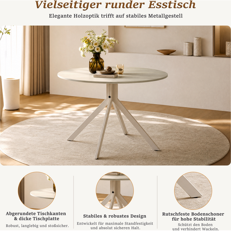 GOEURVANT 1001 Esstisch Set rund Ø 100 cm in Travertin-Optik weiß, Küchentisch mit 4 Stühlen in Beige – Bild 9