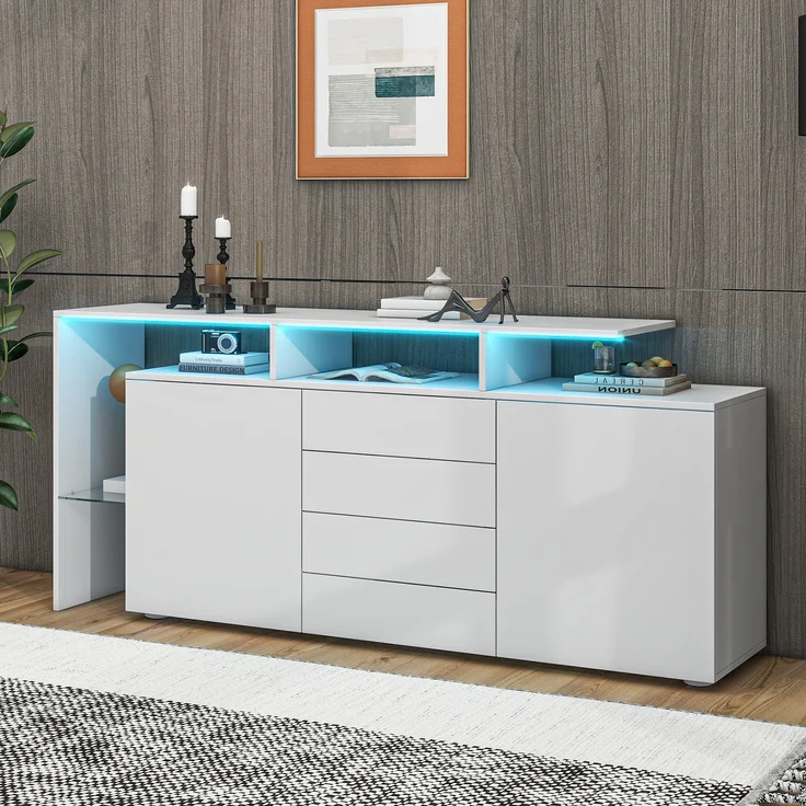 Sideboard Kommode aus Spanplatte mit LED-Beleuchtung, 4 Schubladen & 2 Push-to-Open-Türen, 160x35x70 cm, Weiß – Bild 2