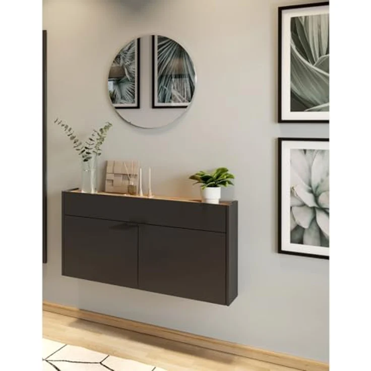 XXXL Garderobe GW-Ameca, 2-teilig in Graphit und Navarra-Eiche mit Spiegel, Schuhschrank für bis zu 12 Paar Schuhe, 110x200x22 cm – Bild 2